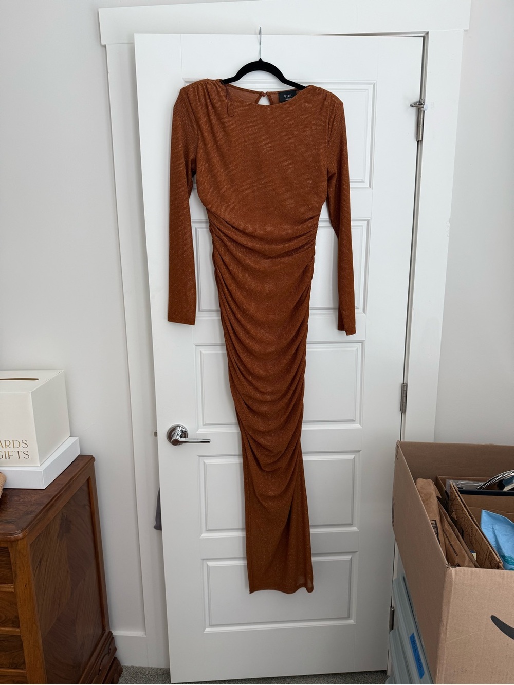 VICI Long-Sleeve Ruched Maxi Dress in Rust